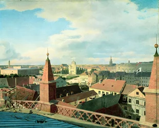 Utsikt över staden Berlin med Altes Museum och katedralen från taket på kyrkan Friedrichswerder, 1834-35